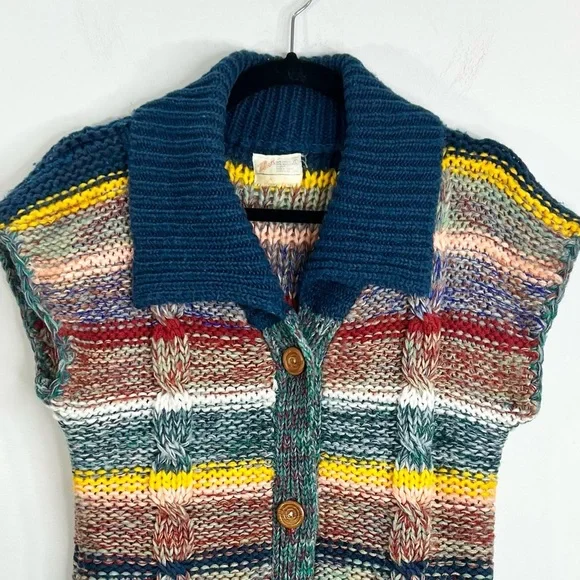 Vintage 80s Coogi style colourful striped knit short sleeve cardigan sweater L - Picture 6 of 14